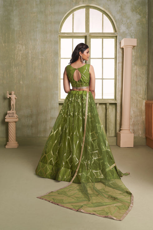 Mahendi Butterfly Net Lahenga Choli - Back View | Samyak Fashion