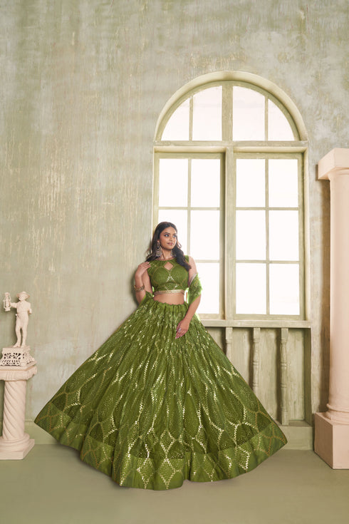 Mahendi Butterfly Net Lahenga Choli - Detail View | Samyak Fashion