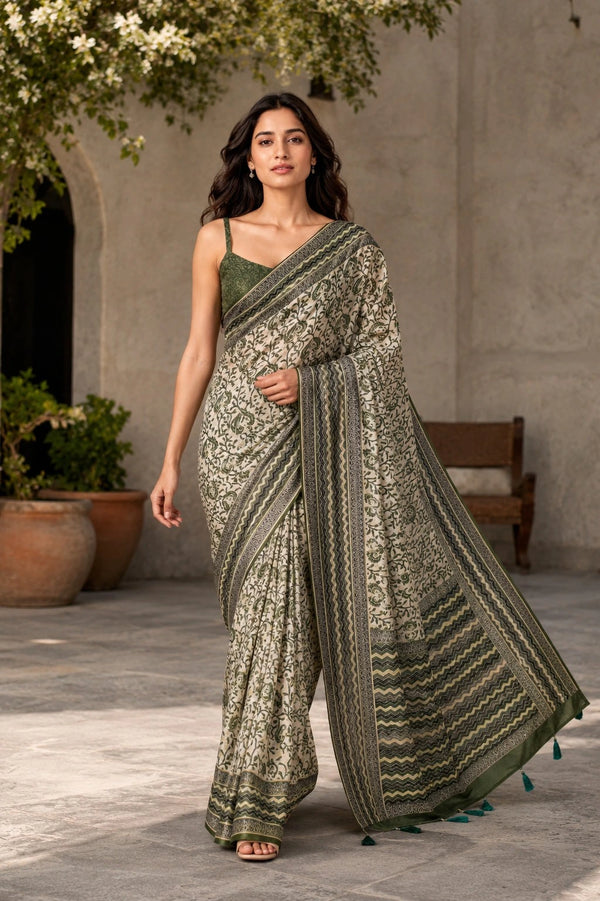 Mahendi Chanderi Linen Saree With Blouse - Front View | Samyak Fashion