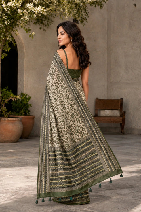 Mahendi Chanderi Linen Saree With Blouse - Back View | Samyak Fashion
