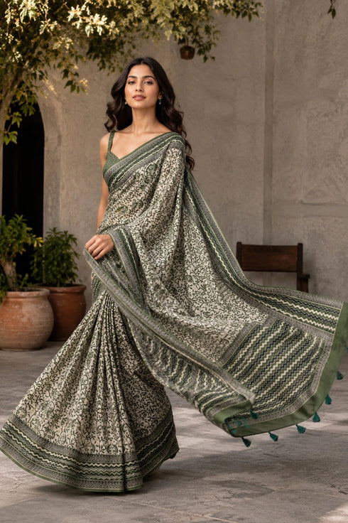 Mahendi Chanderi Linen Saree With Blouse - Detail View | Samyak Fashion