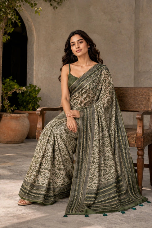Mahendi Chanderi Linen Saree With Blouse - Close-up View | Samyak Fashion