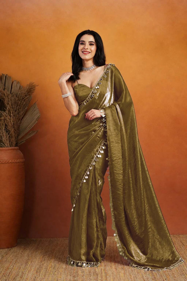 Mahendi Organza Saree With Blouse - Front View | Samyak Fashion
