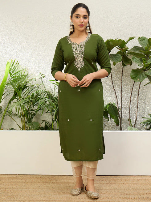 Mahendi Silk Blend Long Kurti. - Front View | Samyak Fashion