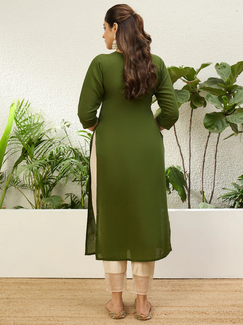Mahendi Silk Blend Long Kurti. - Back View | Samyak Fashion
