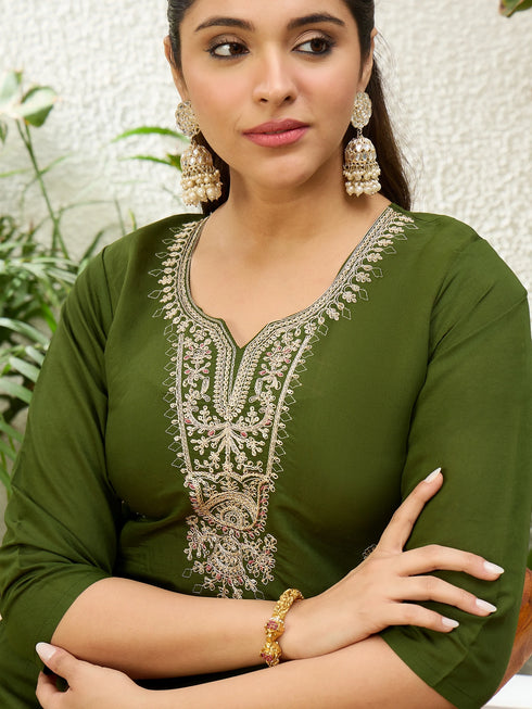 Mahendi Silk Blend Long Kurti. - Side View | Samyak Fashion