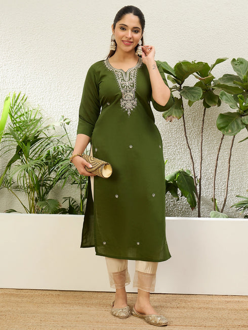 Mahendi Silk Blend Long Kurti. - Detail View | Samyak Fashion