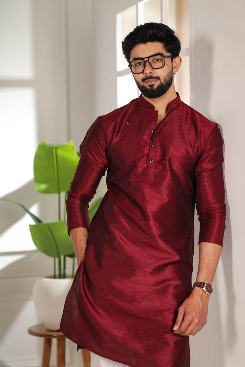 Maroon Art Silk Mens Kurta With Payjama - Side View | Samyak Fashion