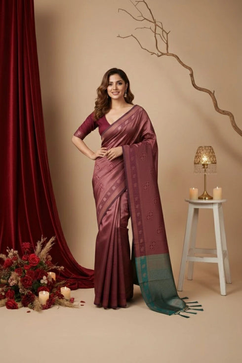 Maroon Art Silk Saree With Blouse - Back View | Samyak Fashion