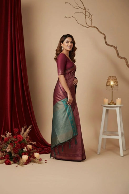 Maroon Art Silk Saree With Blouse - Side View | Samyak Fashion