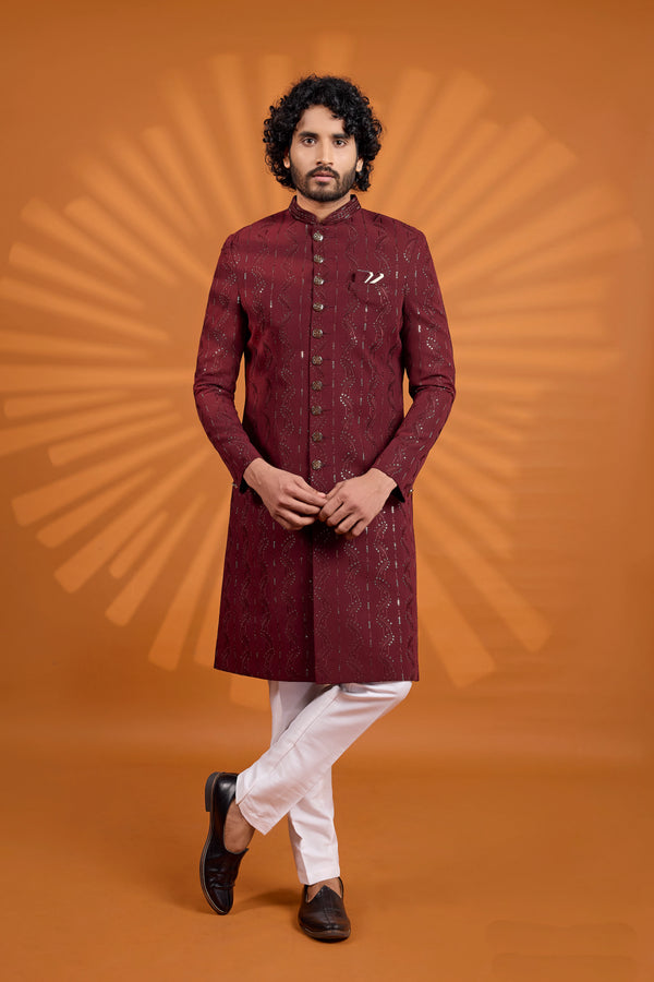 Maroon Computer Thread Work On Georgette Mens Premium Men's Sherwani - Front View | Samyak Fashion