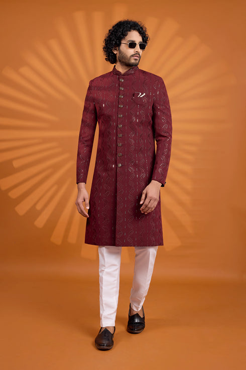 Maroon Computer Thread Work On Georgette Mens Premium Men's Sherwani - Back View | Samyak Fashion