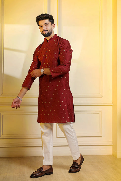 Maroon Cotton Mens Kurta With Payjama - Detail View | Samyak Fashion