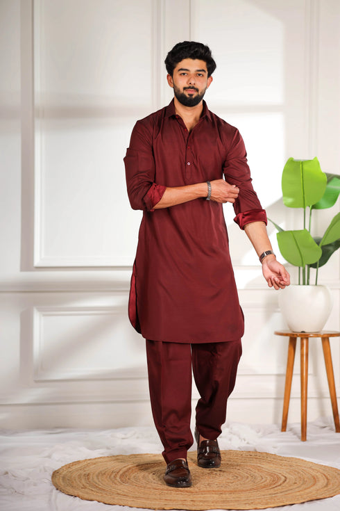Maroon Cotton Satin Mens Pathani Kurta With Payjama - Front View | Samyak Fashion