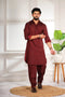 Maroon Cotton Satin Mens Pathani Kurta With Payjama - Front View | Samyak Fashion