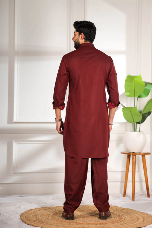 Maroon Cotton Satin Mens Pathani Kurta With Payjama - Back View | Samyak Fashion