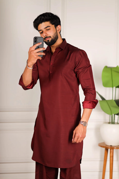 Maroon Cotton Satin Mens Pathani Kurta With Payjama - Side View | Samyak Fashion