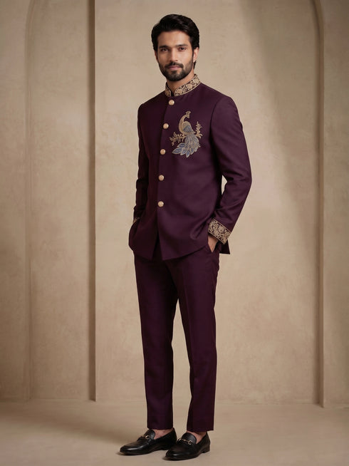 Maroon Doniar Satin Mens Men's Jodhpuri - Back View | Samyak Fashion