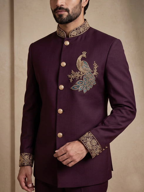 Maroon Doniar Satin Mens Men's Jodhpuri - Close-up View | Samyak Fashion