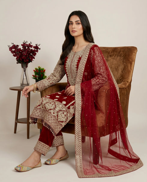 Maroon Faux Georgette Elegant Salwar Suit - Back View | Samyak Fashion