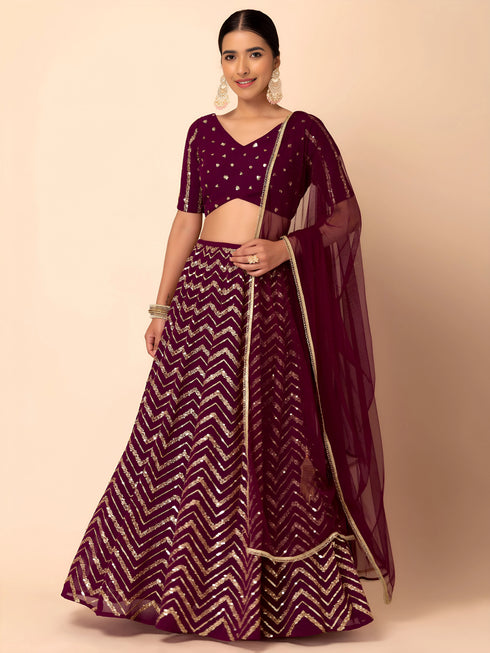 Maroon Georgette Lehenga Choli - Front View | Samyak Fashion