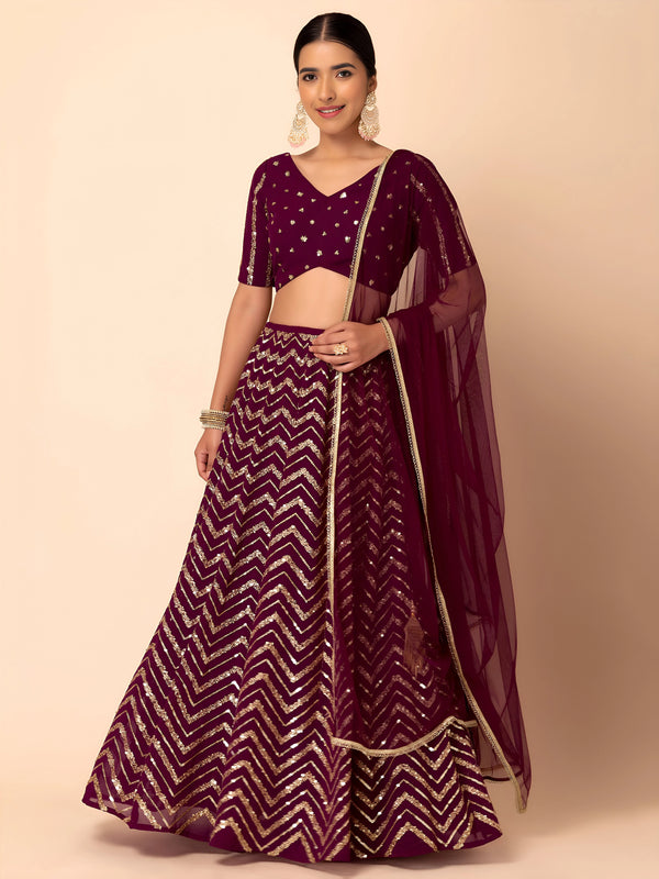 Maroon Georgette Lehenga Choli - Front View | Samyak Fashion