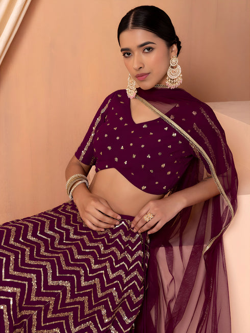 Maroon Georgette Lehenga Choli - Side View | Samyak Fashion
