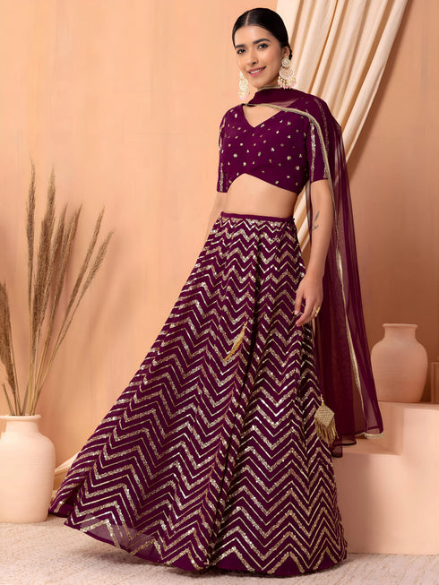 Maroon Georgette Lehenga Choli - Detail View | Samyak Fashion