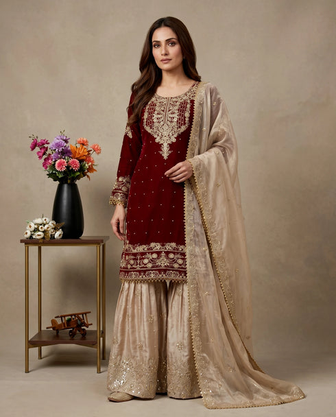 Maroon Heavy Gmy Silk Elegant Salwar Suit - Front View | Samyak Fashion