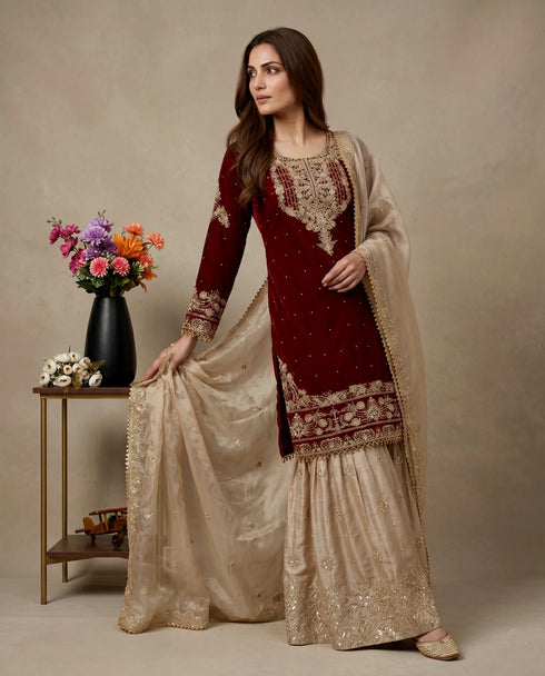 Maroon Heavy Gmy Silk Elegant Salwar Suit - Back View | Samyak Fashion