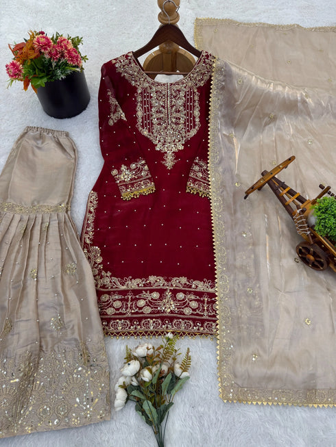 Maroon Heavy Gmy Silk Elegant Salwar Suit - Side View | Samyak Fashion