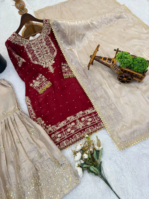 Maroon Heavy Gmy Silk Elegant Salwar Suit - Detail View | Samyak Fashion