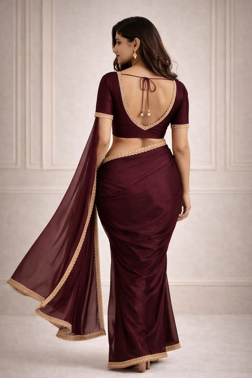 Maroon Jimmy Choo Saree With Blouse - Back View | Samyak Fashion