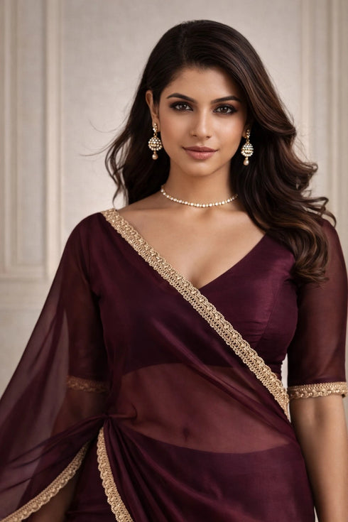 Maroon Jimmy Choo Saree With Blouse - Side View | Samyak Fashion