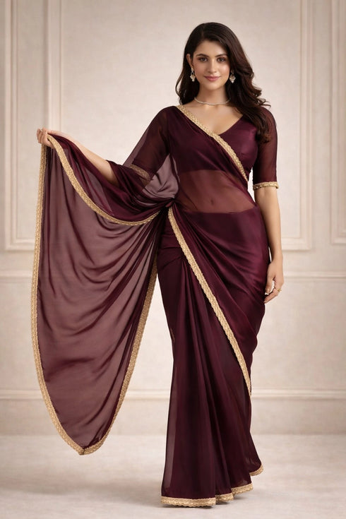Maroon Jimmy Choo Saree With Blouse - Detail View | Samyak Fashion
