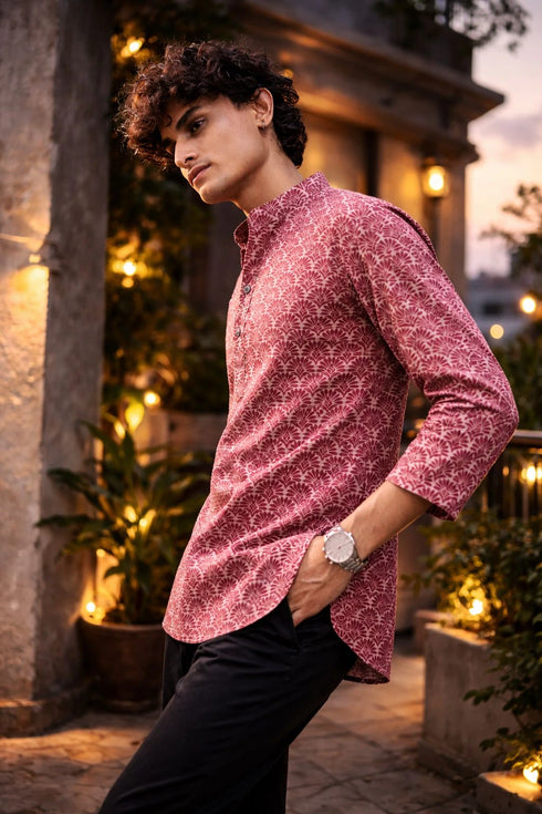 Maroon Linen Mens Short Kurta - Front View | Samyak Fashion