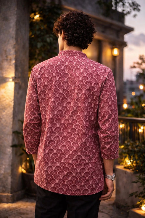 Maroon Linen Mens Short Kurta - Back View | Samyak Fashion
