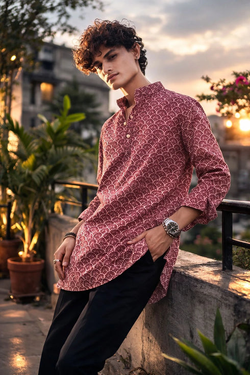 Maroon Linen Mens Short Kurta - Side View | Samyak Fashion