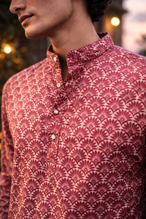 Maroon Linen Mens Short Kurta - Detail View | Samyak Fashion
