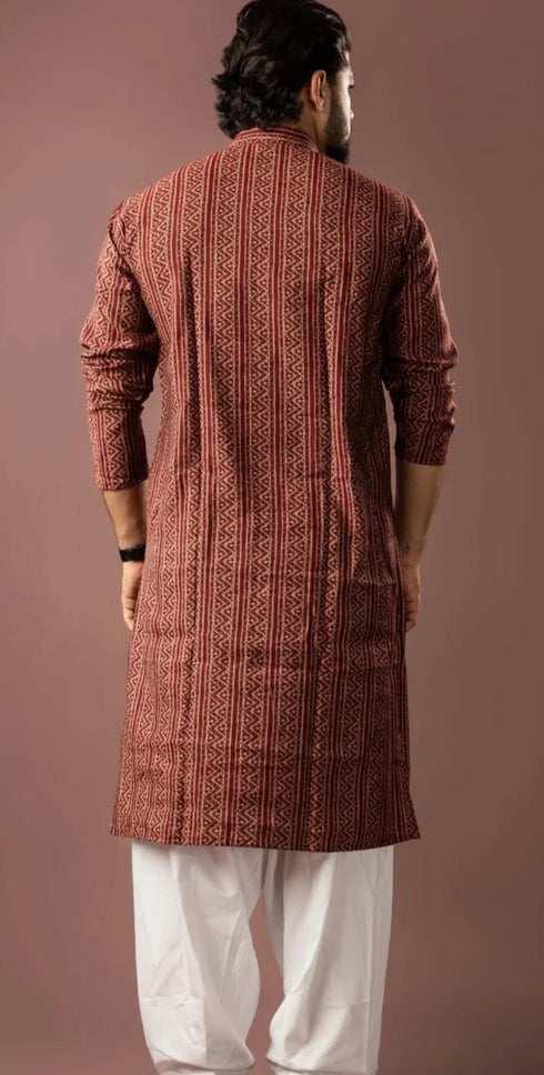 Maroon Modal Silk Mens Kurta With Payjama - Back View | Samyak Fashion