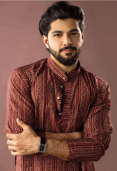 Maroon Modal Silk Mens Kurta With Payjama - Side View | Samyak Fashion