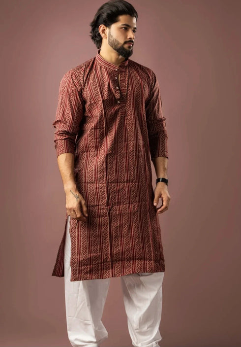 Maroon Modal Silk Mens Kurta With Payjama - Close-up View | Samyak Fashion