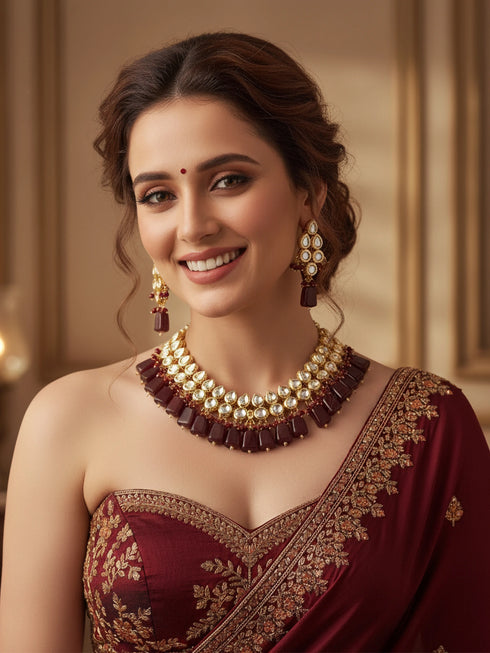 Maroon Necklace Set - Front View | Samyak Fashion