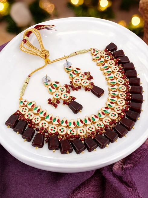 Maroon Necklace Set - Detail View | Samyak Fashion