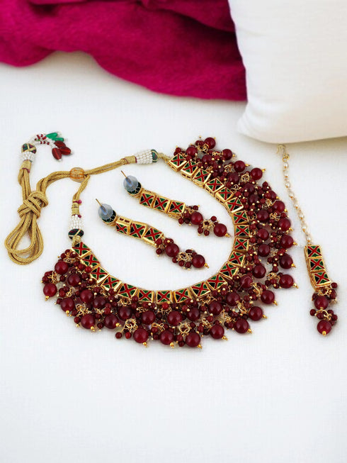 Maroon Necklace Set - Side View | Samyak Fashion