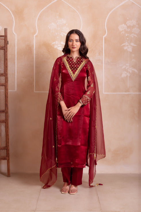 Maroon Organza Salwar Suit - Front View | Samyak Fashion