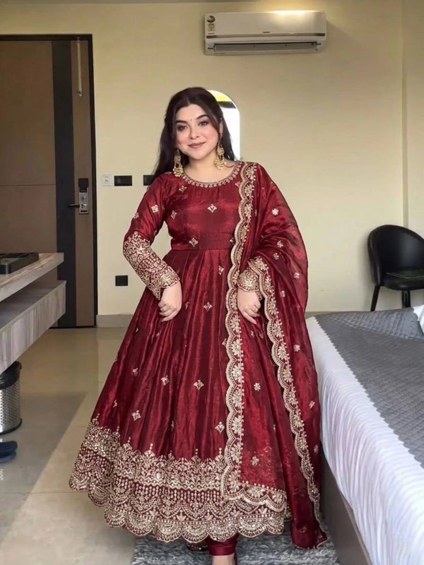 Maroon Pure Fendy Silk Anarkali - Front View | Samyak Fashion