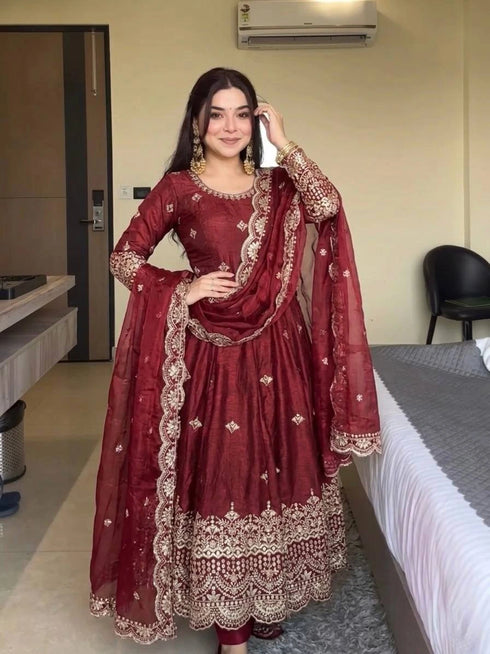 Maroon Pure Fendy Silk Anarkali - Back View | Samyak Fashion