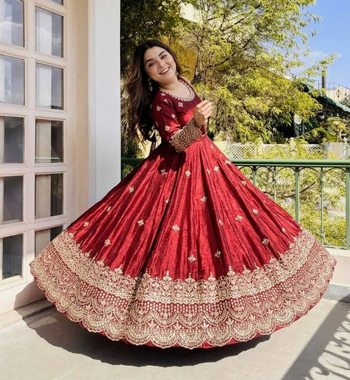 Maroon Pure Fendy Silk Anarkali - Side View | Samyak Fashion