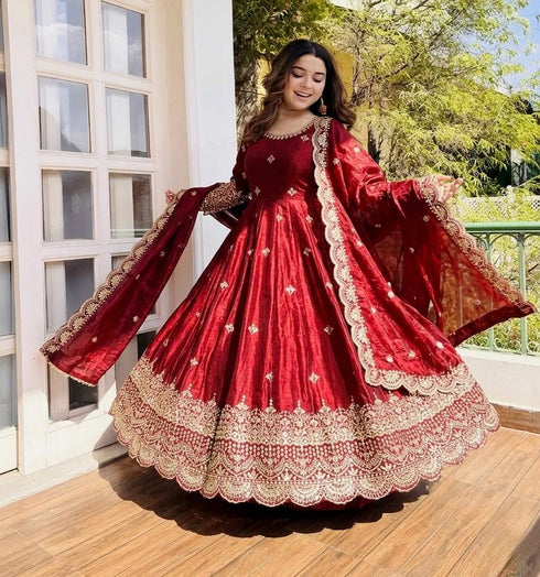 Maroon Pure Fendy Silk Anarkali - Detail View | Samyak Fashion